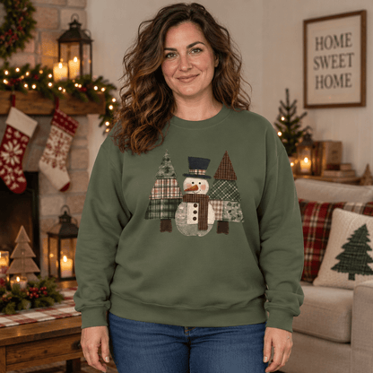 Faux Patchwork Snowman & Evergreens Sweatshirt