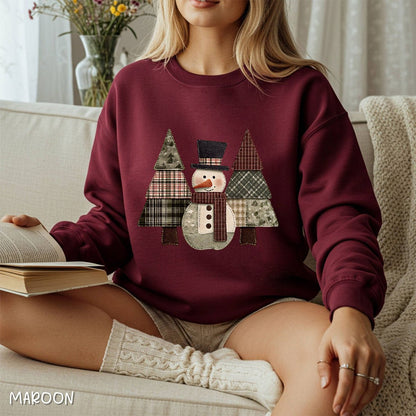 Faux Patchwork Snowman & Evergreens Sweatshirt