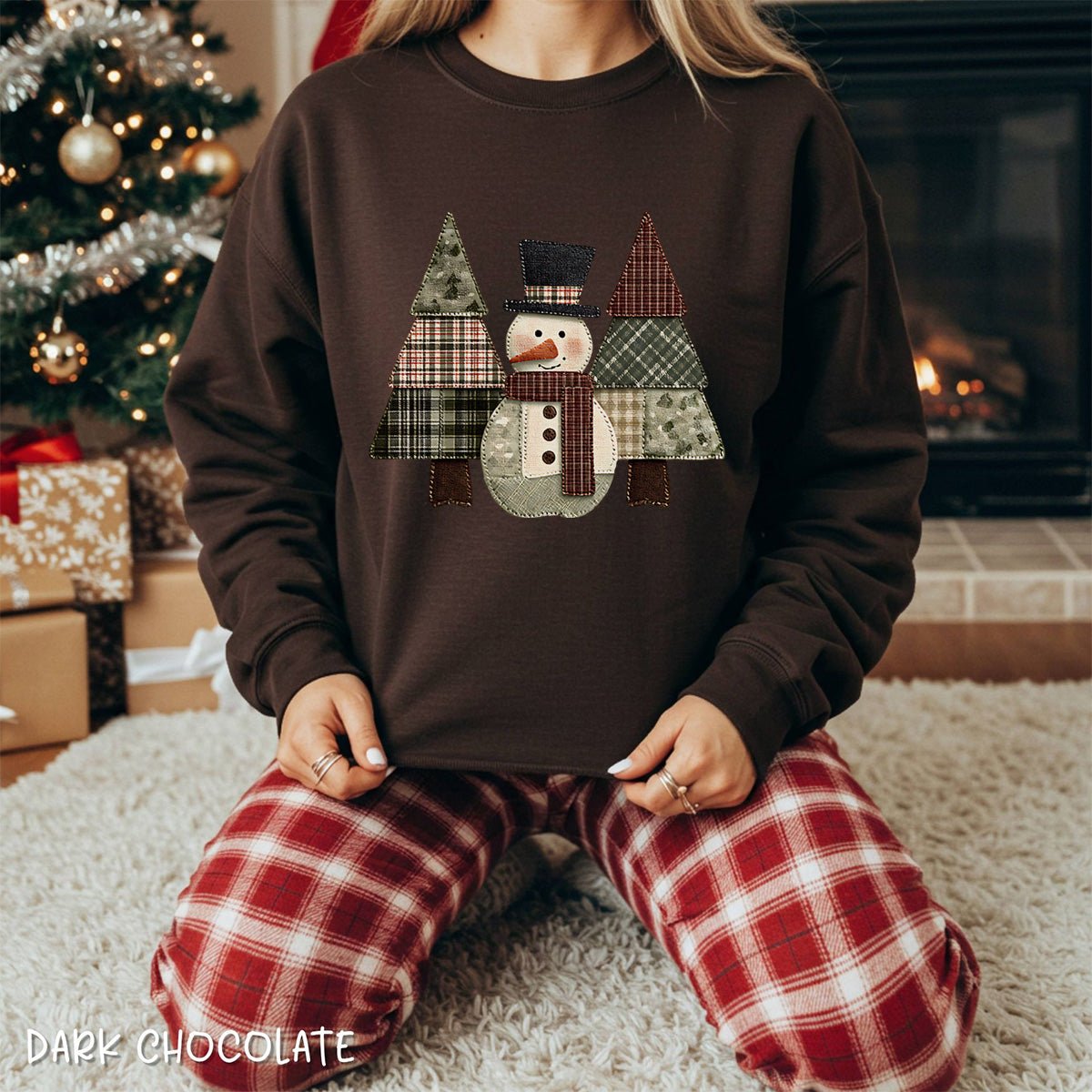 Faux Patchwork Snowman & Evergreens Sweatshirt