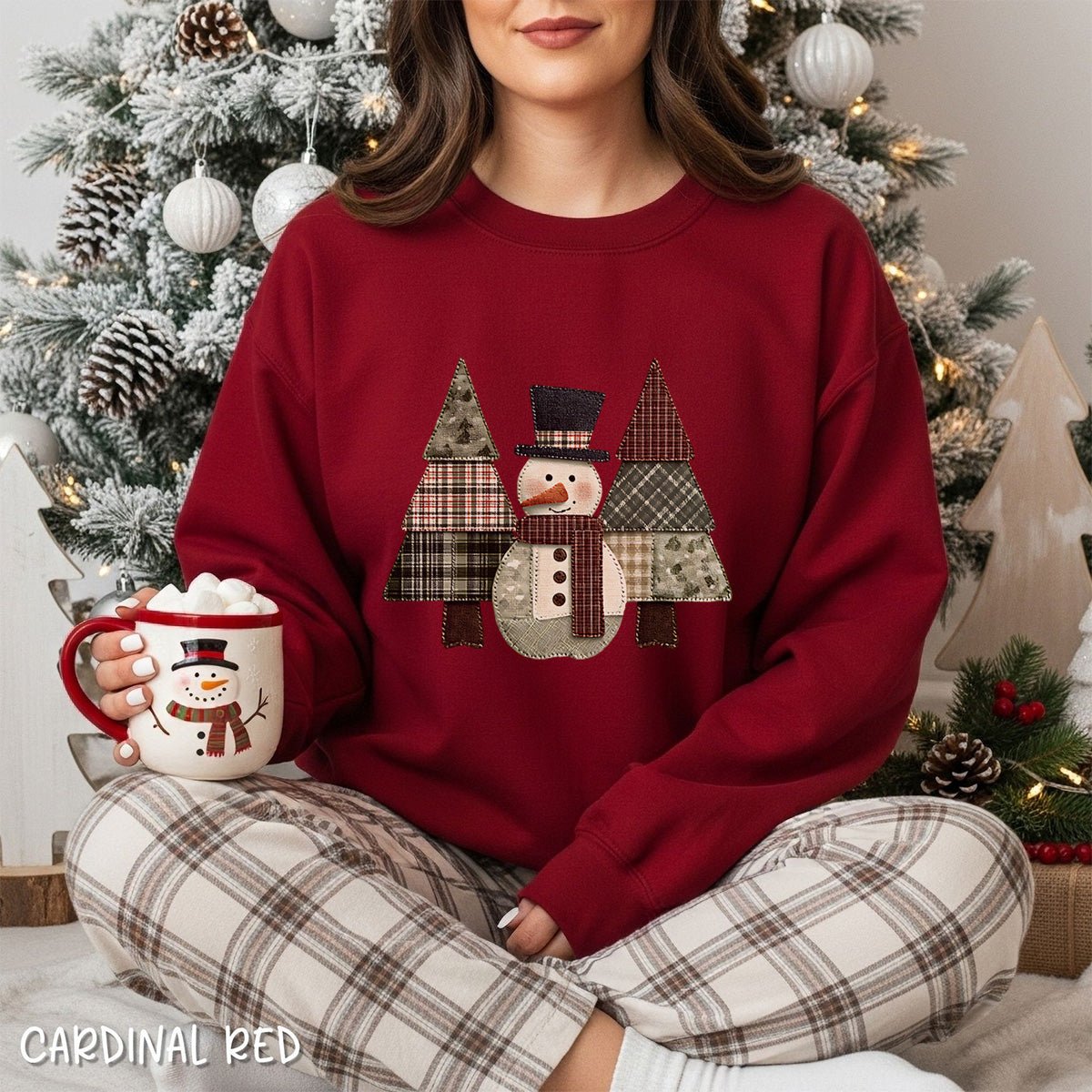 Faux Patchwork Snowman & Evergreens Sweatshirt