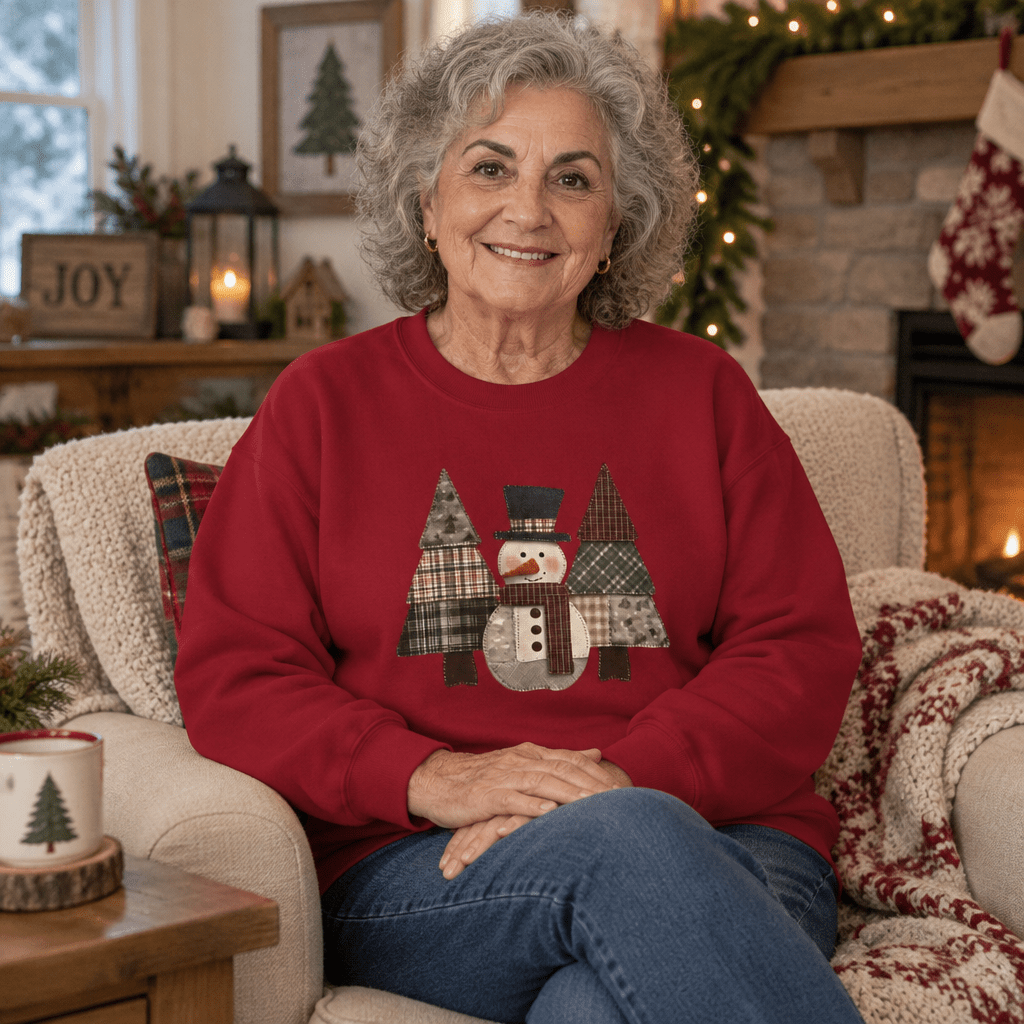 Faux Patchwork Snowman & Evergreens Sweatshirt