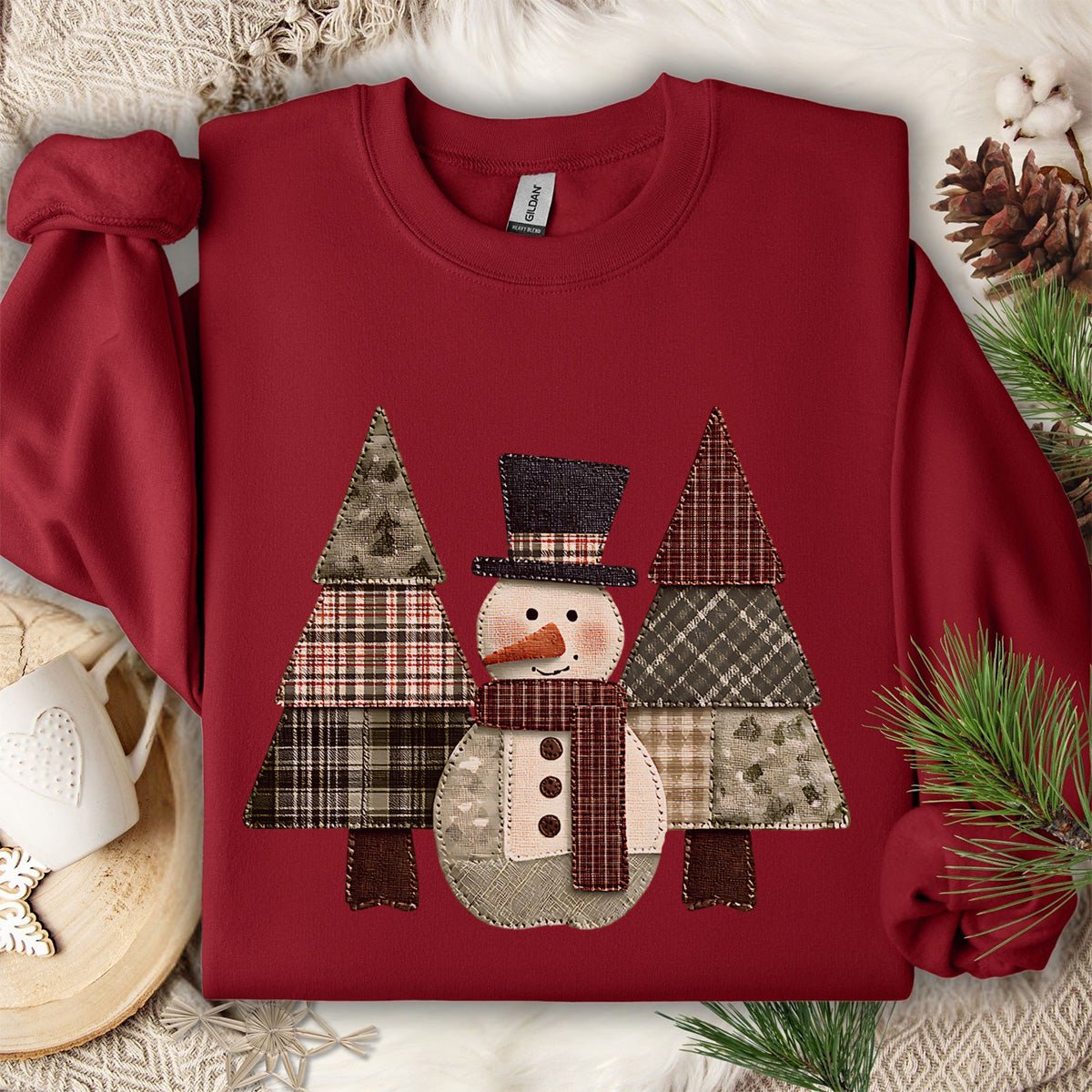 Faux Patchwork Snowman & Evergreens Sweatshirt