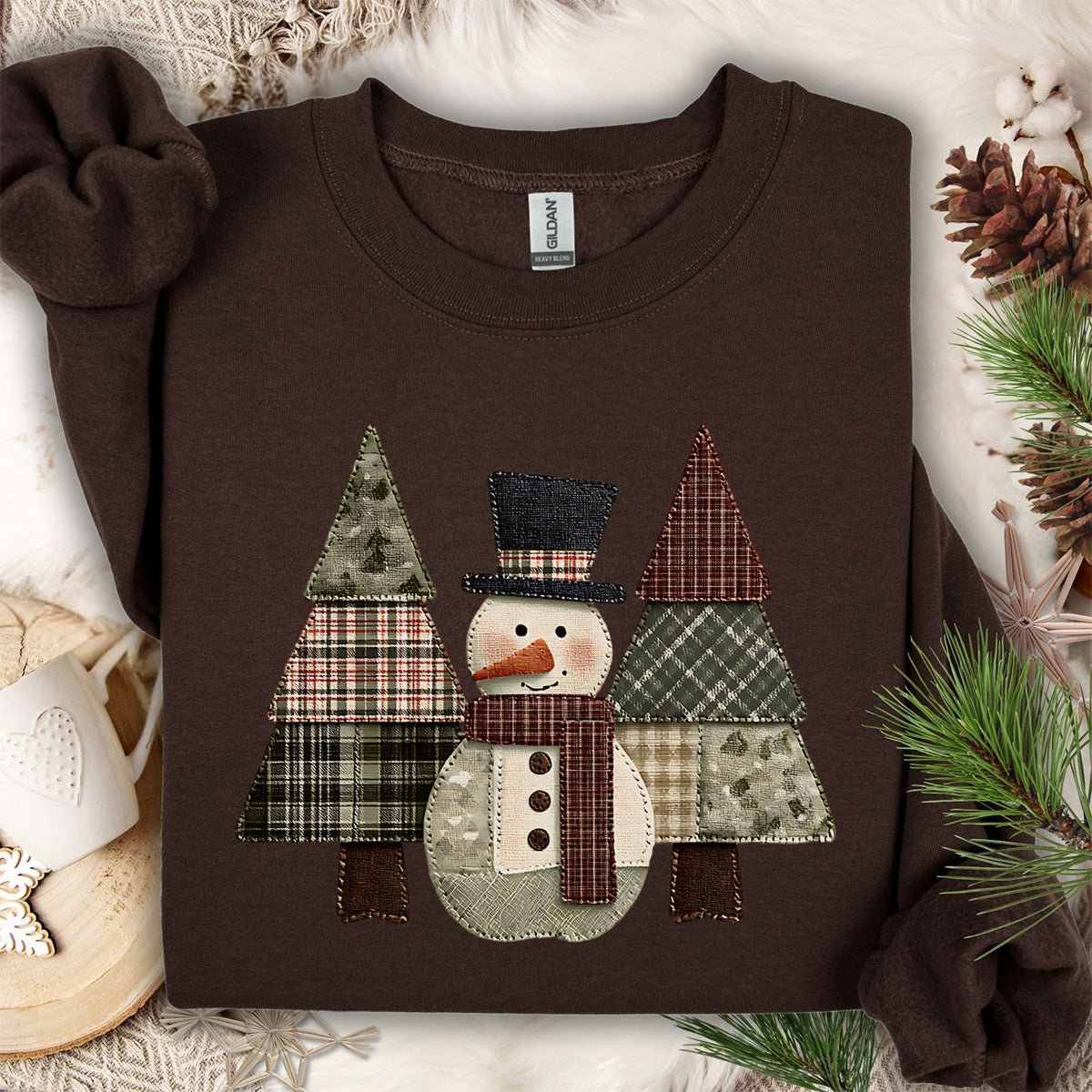 Faux Patchwork Snowman & Evergreens Sweatshirt