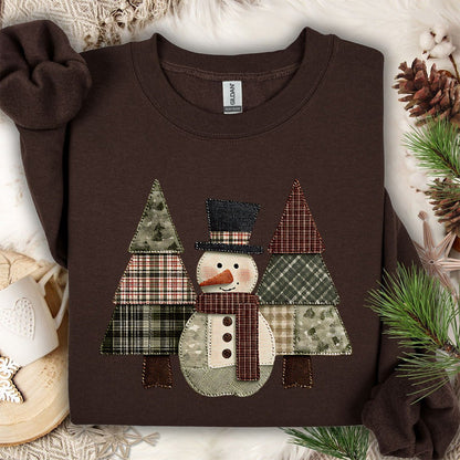 Faux Patchwork Snowman & Evergreens Sweatshirt