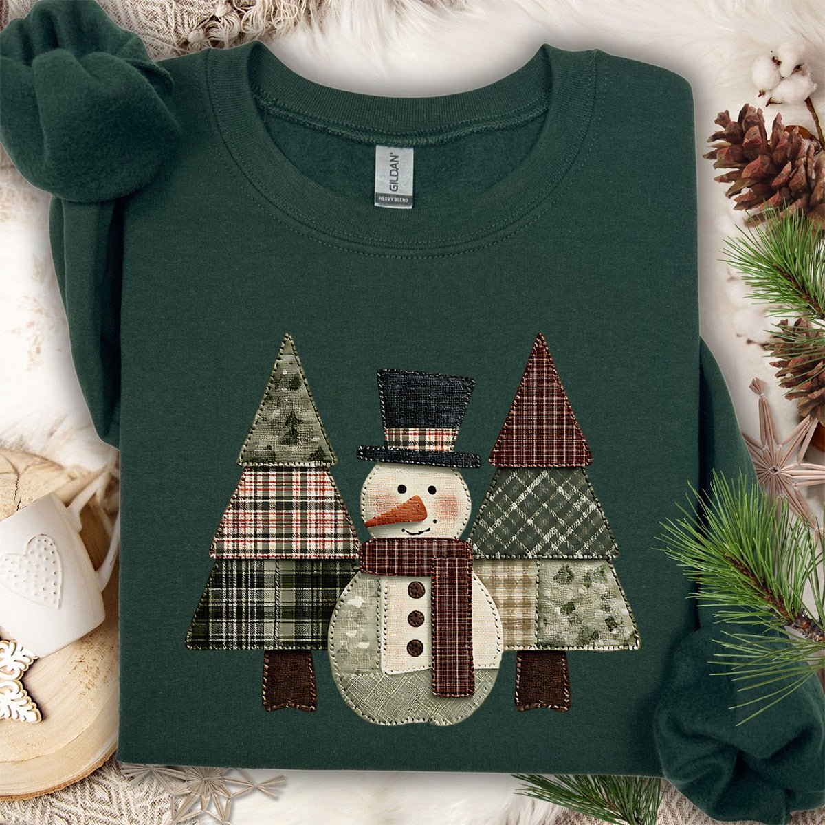 Faux Patchwork Snowman & Evergreens Sweatshirt