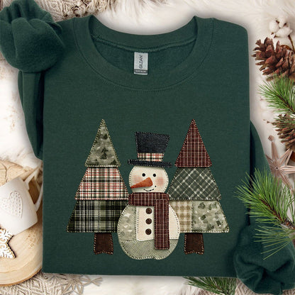 Faux Patchwork Snowman & Evergreens Sweatshirt