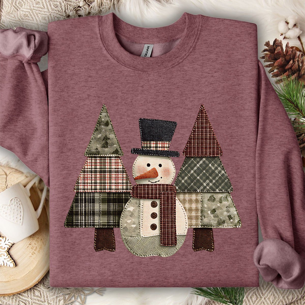 Faux Patchwork Snowman & Evergreens Sweatshirt