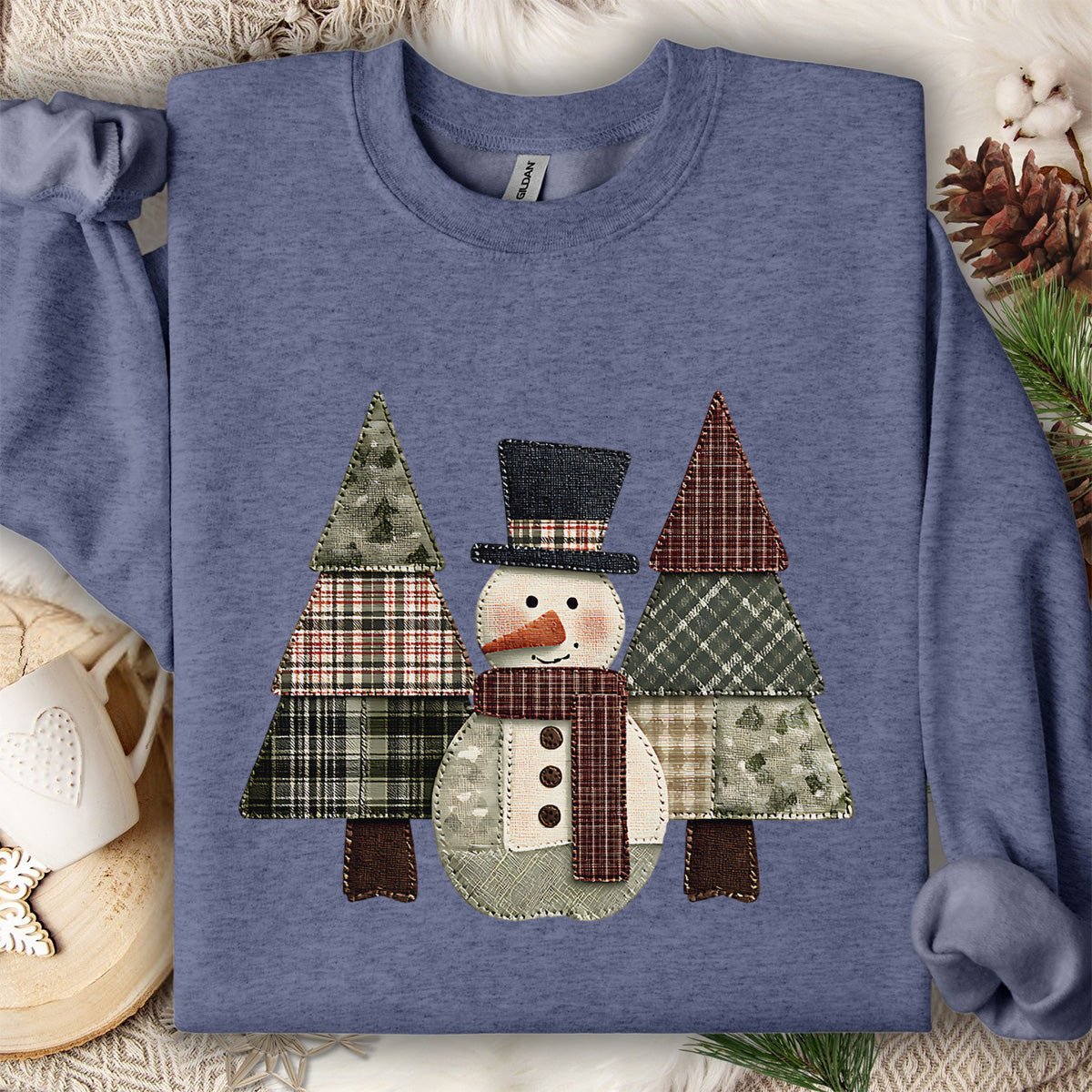 Faux Patchwork Snowman & Evergreens Sweatshirt