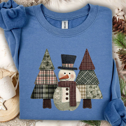Faux Patchwork Snowman & Evergreens Sweatshirt