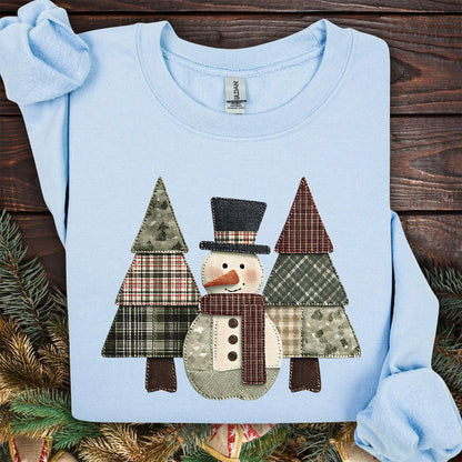 Faux Patchwork Snowman & Evergreens Sweatshirt