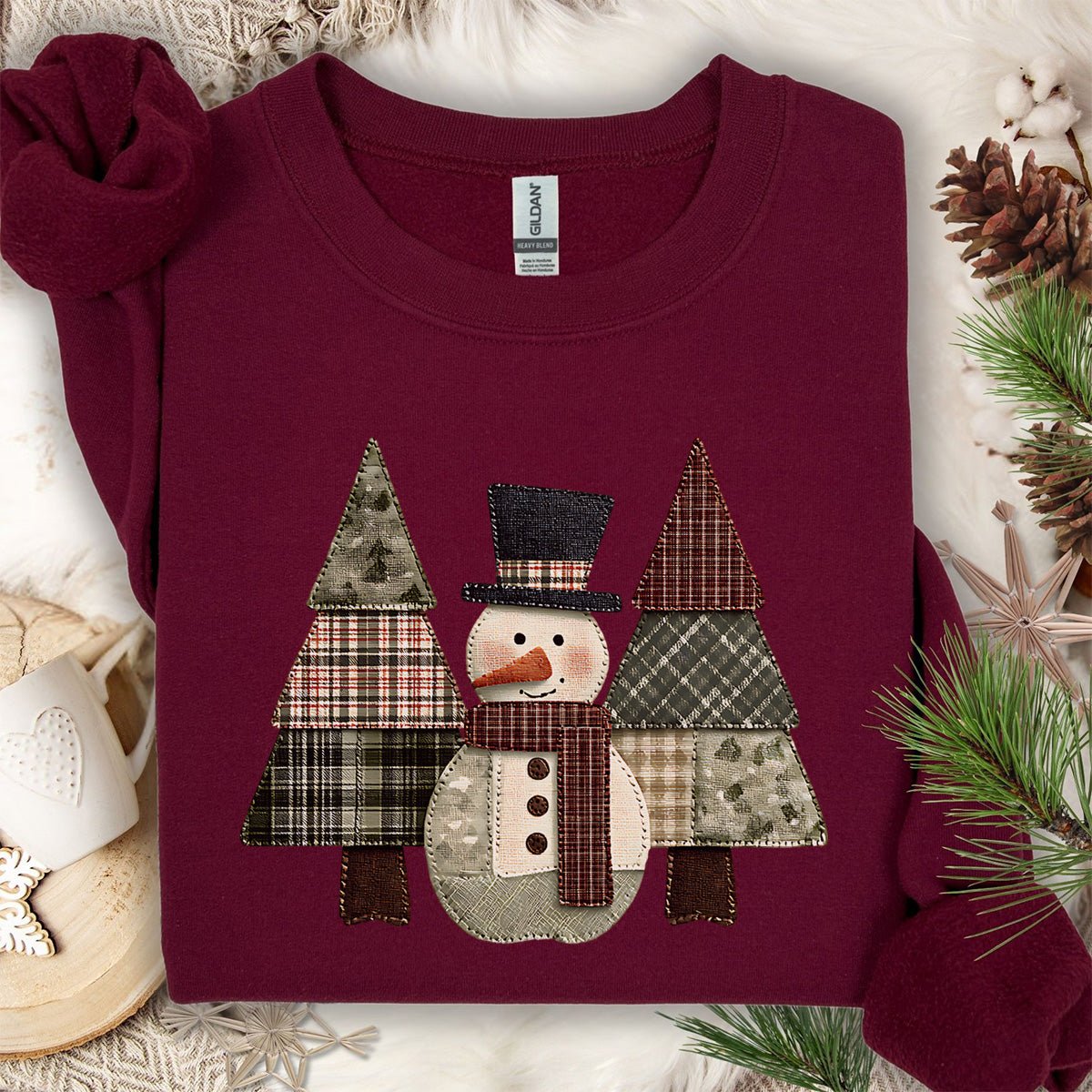 Faux Patchwork Snowman & Evergreens Sweatshirt
