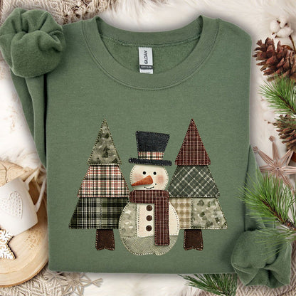Faux Patchwork Snowman & Evergreens Sweatshirt