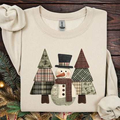 Faux Patchwork Snowman & Evergreens Sweatshirt