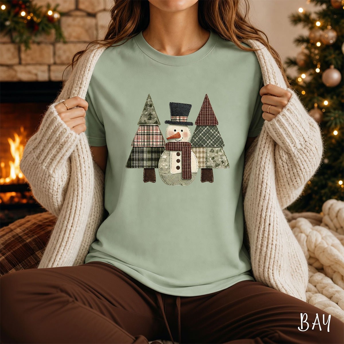 Faux Patchwork Snowman & Evergreens T-Shirt