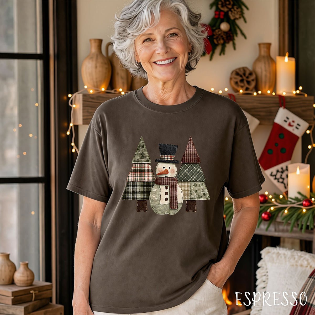 Faux Patchwork Snowman & Evergreens T-Shirt