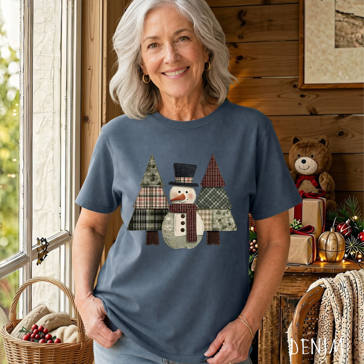 Faux Patchwork Snowman & Evergreens T-Shirt