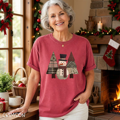 Faux Patchwork Snowman & Evergreens T-Shirt