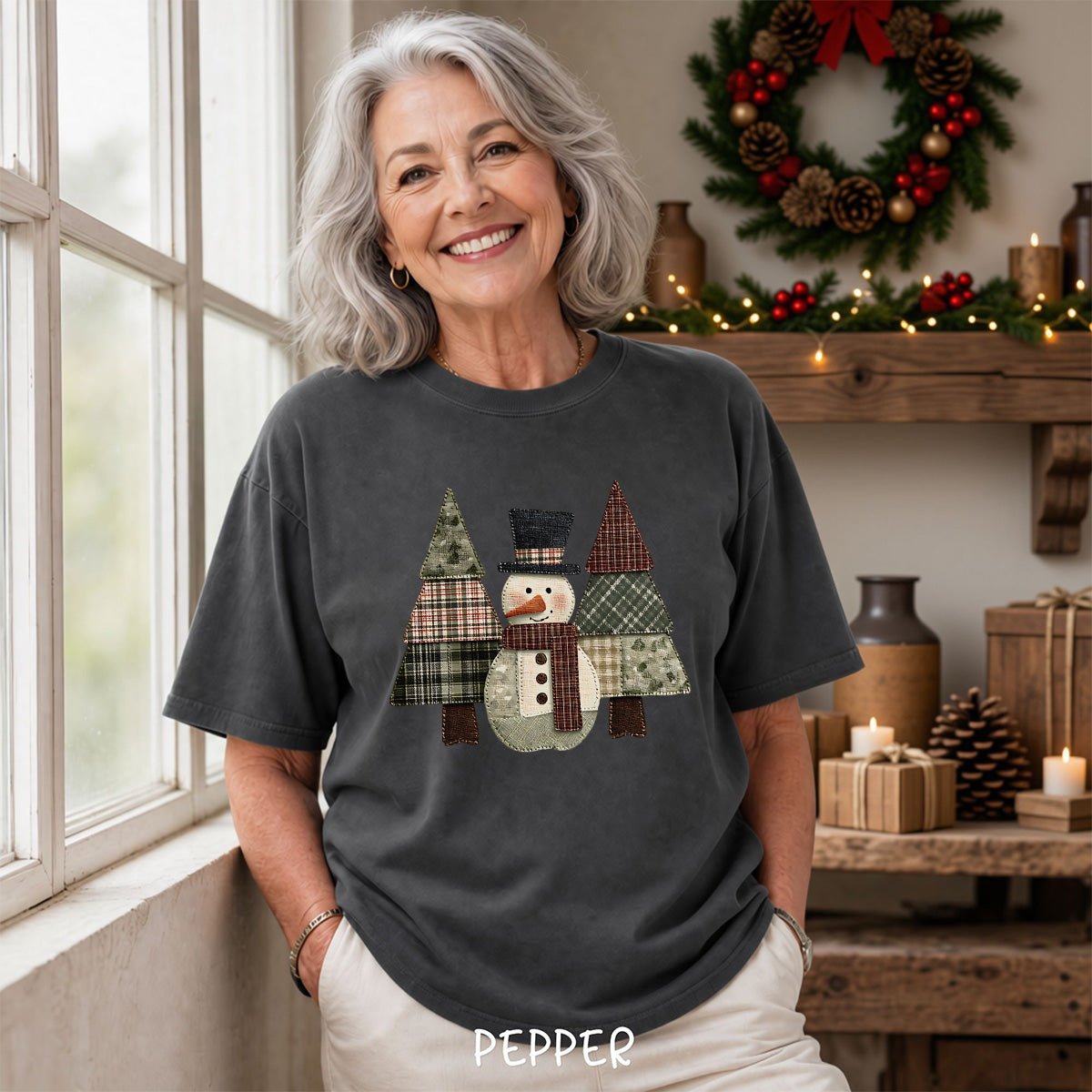 Faux Patchwork Snowman & Evergreens T-Shirt
