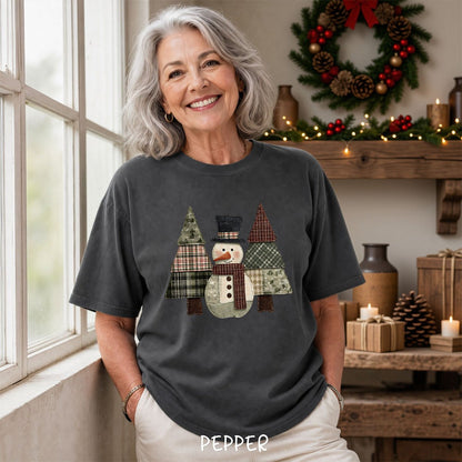 Faux Patchwork Snowman & Evergreens T-Shirt