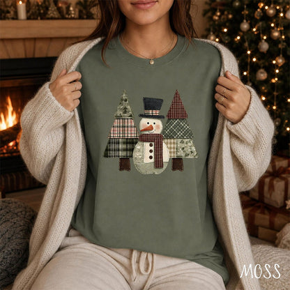 Faux Patchwork Snowman & Evergreens T-Shirt