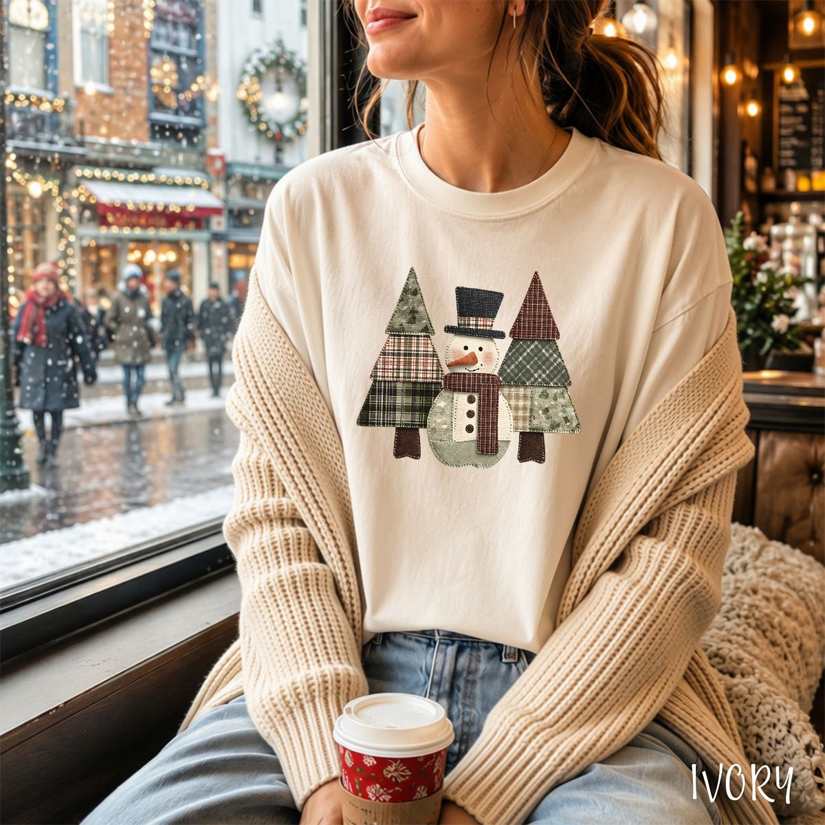 Faux Patchwork Snowman & Evergreens T-Shirt