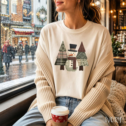 Faux Patchwork Snowman & Evergreens T-Shirt