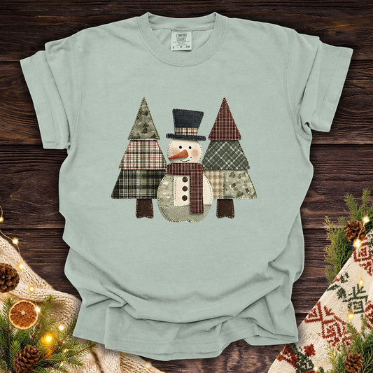 Faux Patchwork Snowman & Evergreens T-Shirt