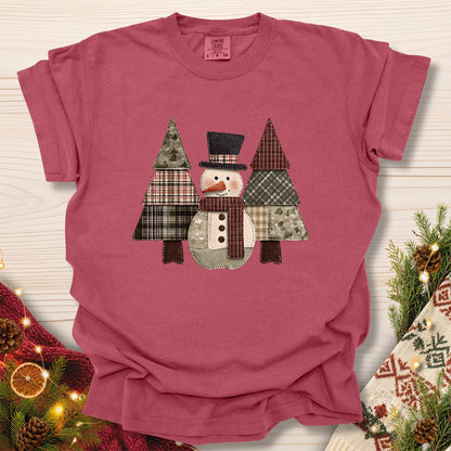 Faux Patchwork Snowman & Evergreens T-Shirt