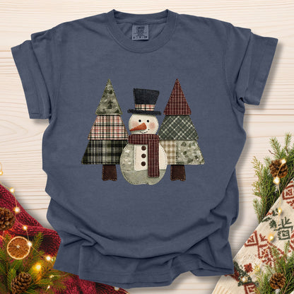 Faux Patchwork Snowman & Evergreens T-Shirt