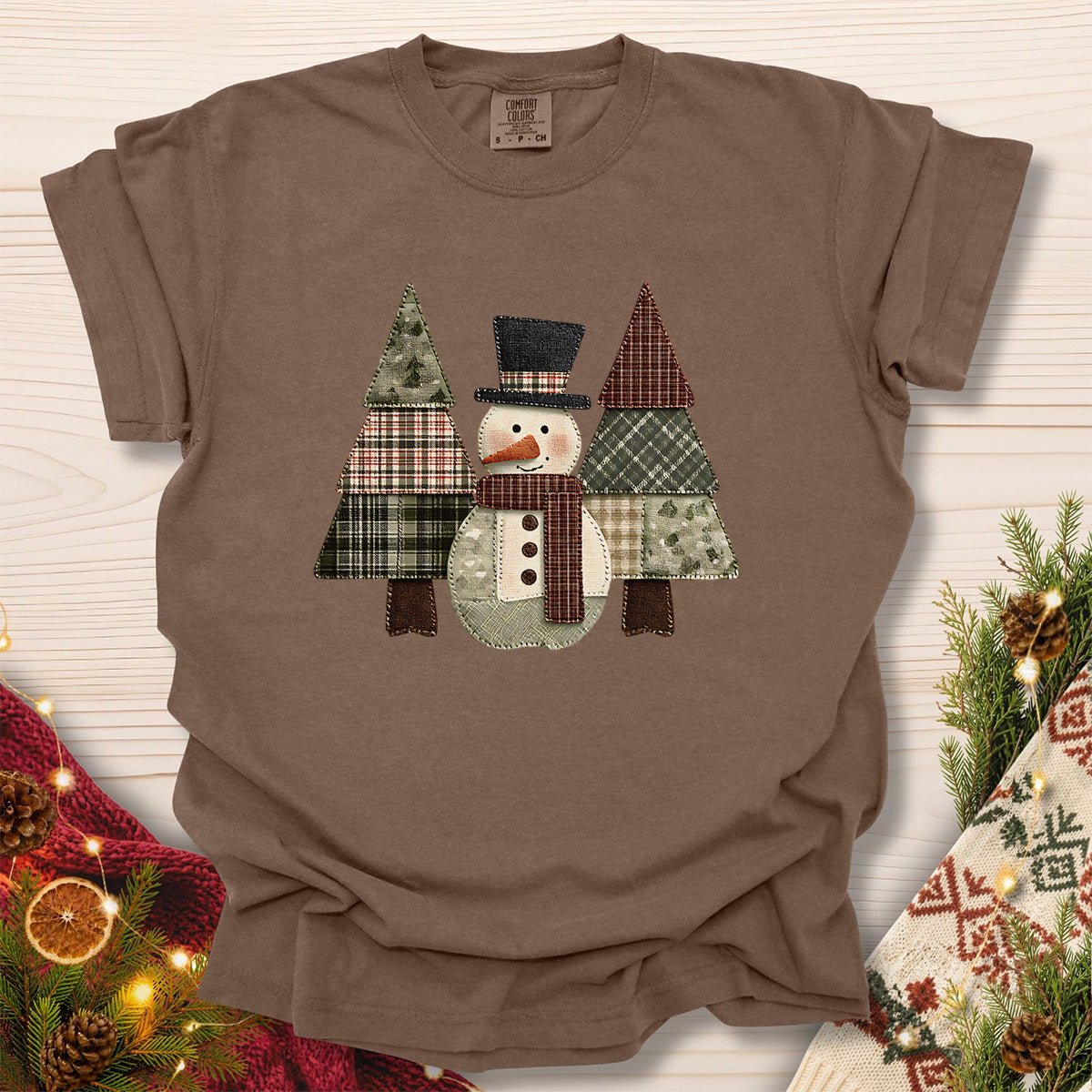 Faux Patchwork Snowman & Evergreens T-Shirt