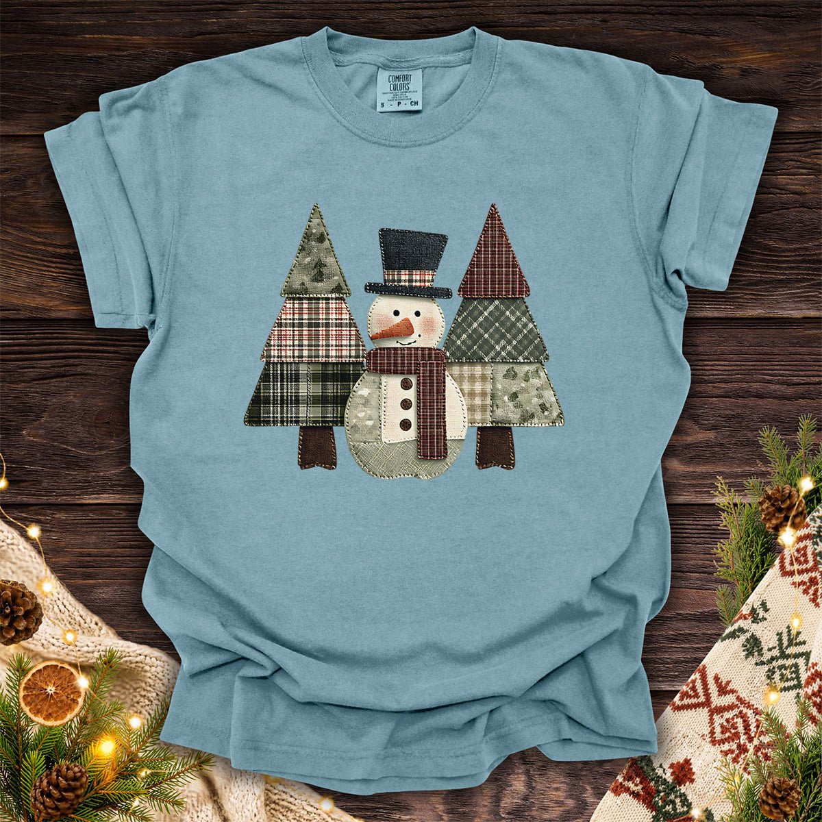 Faux Patchwork Snowman & Evergreens T-Shirt
