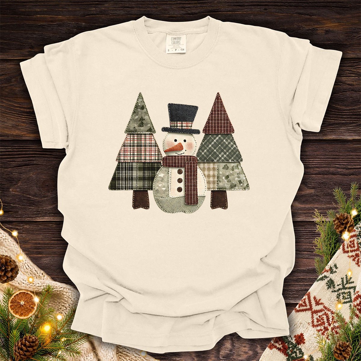 Faux Patchwork Snowman & Evergreens T-Shirt