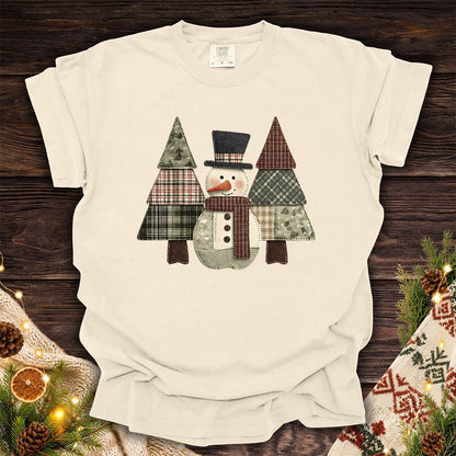 Faux Patchwork Snowman & Evergreens T-Shirt