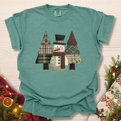 Faux Patchwork Snowman & Evergreens T-Shirt