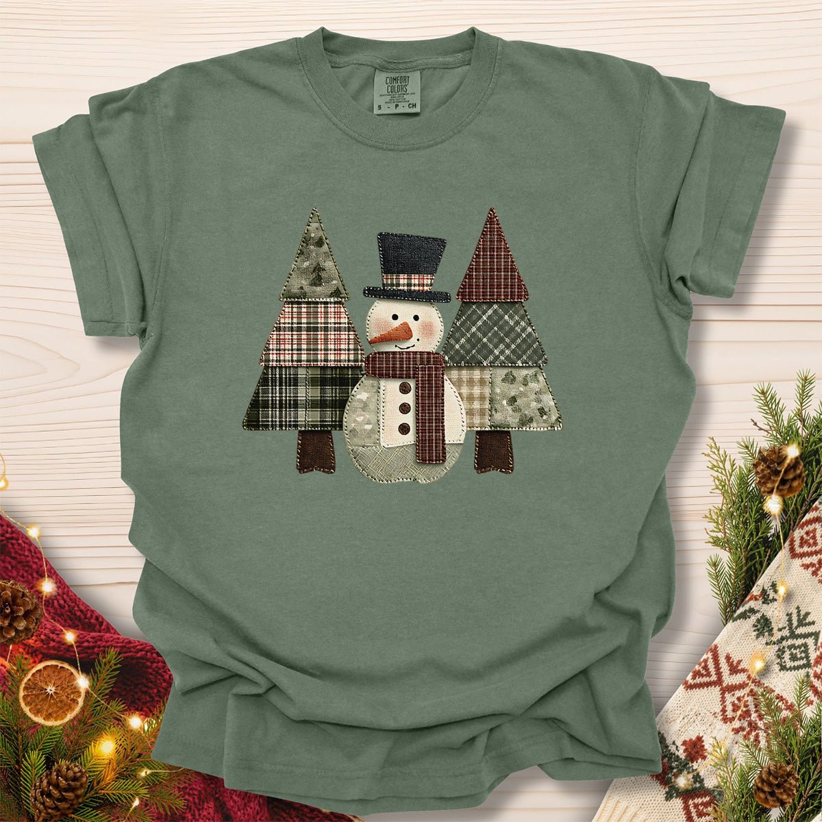 Faux Patchwork Snowman & Evergreens T-Shirt