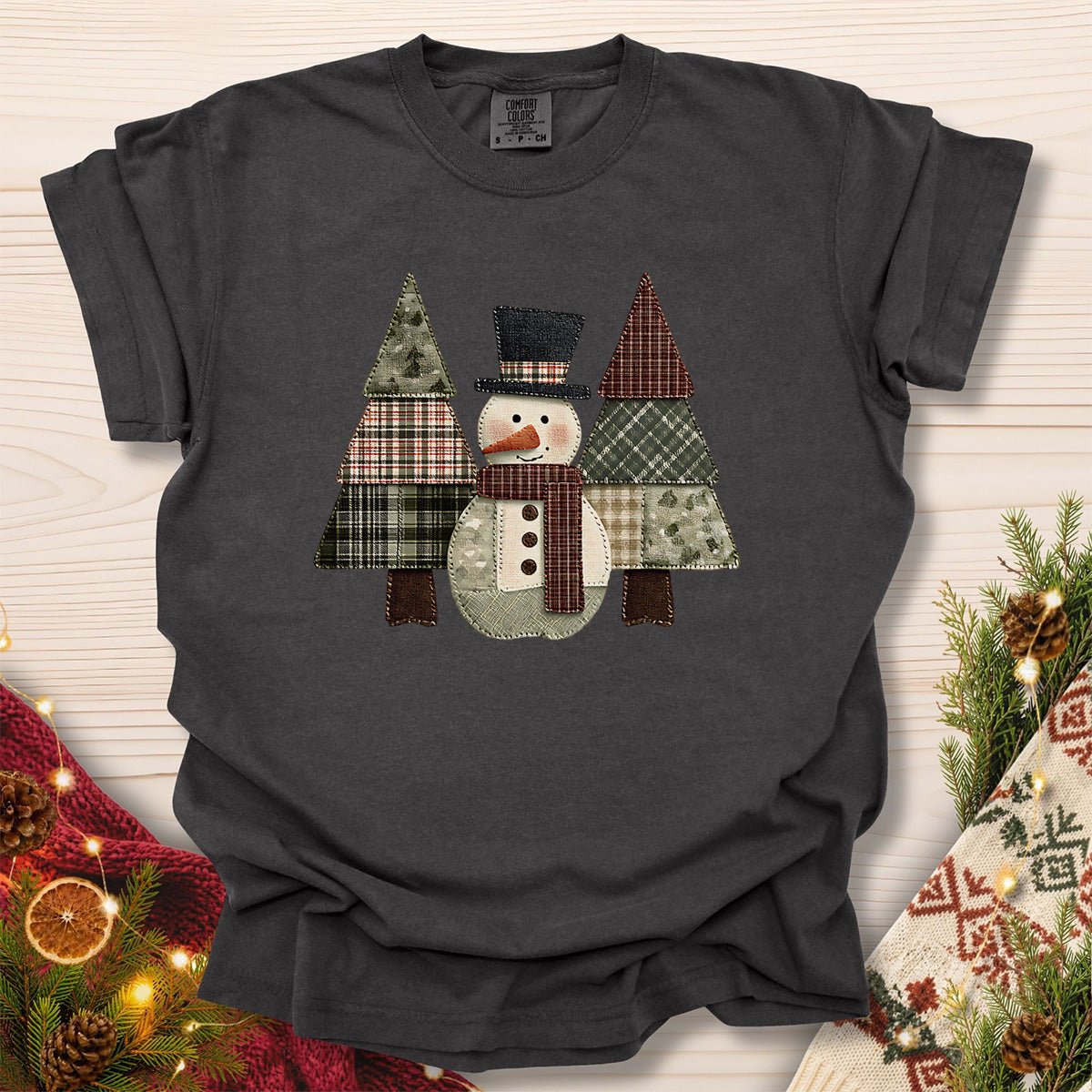 Faux Patchwork Snowman & Evergreens T-Shirt