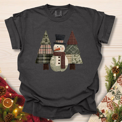 Faux Patchwork Snowman & Evergreens T-Shirt