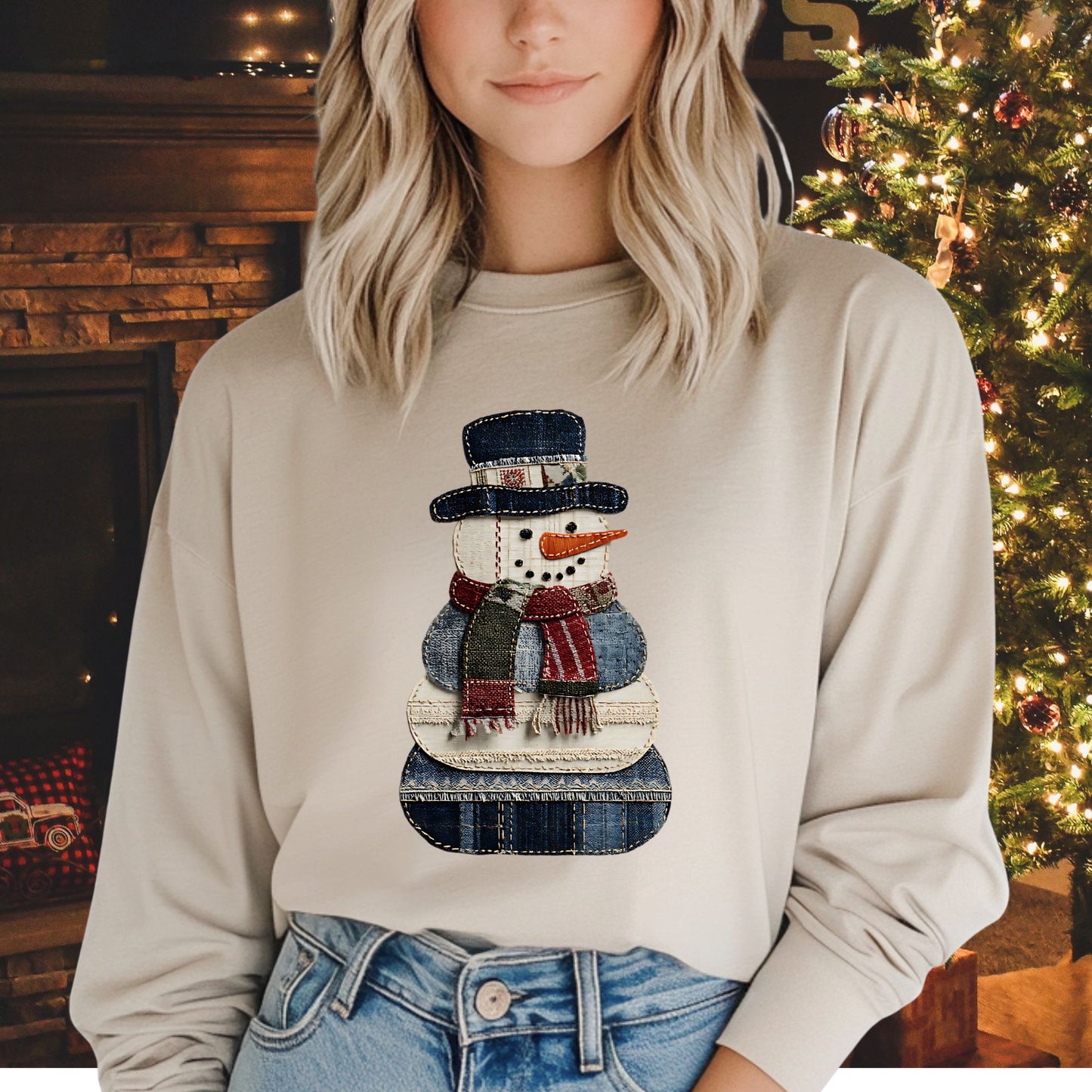 Faux Patchwork Snowman Long Sleeve Tee