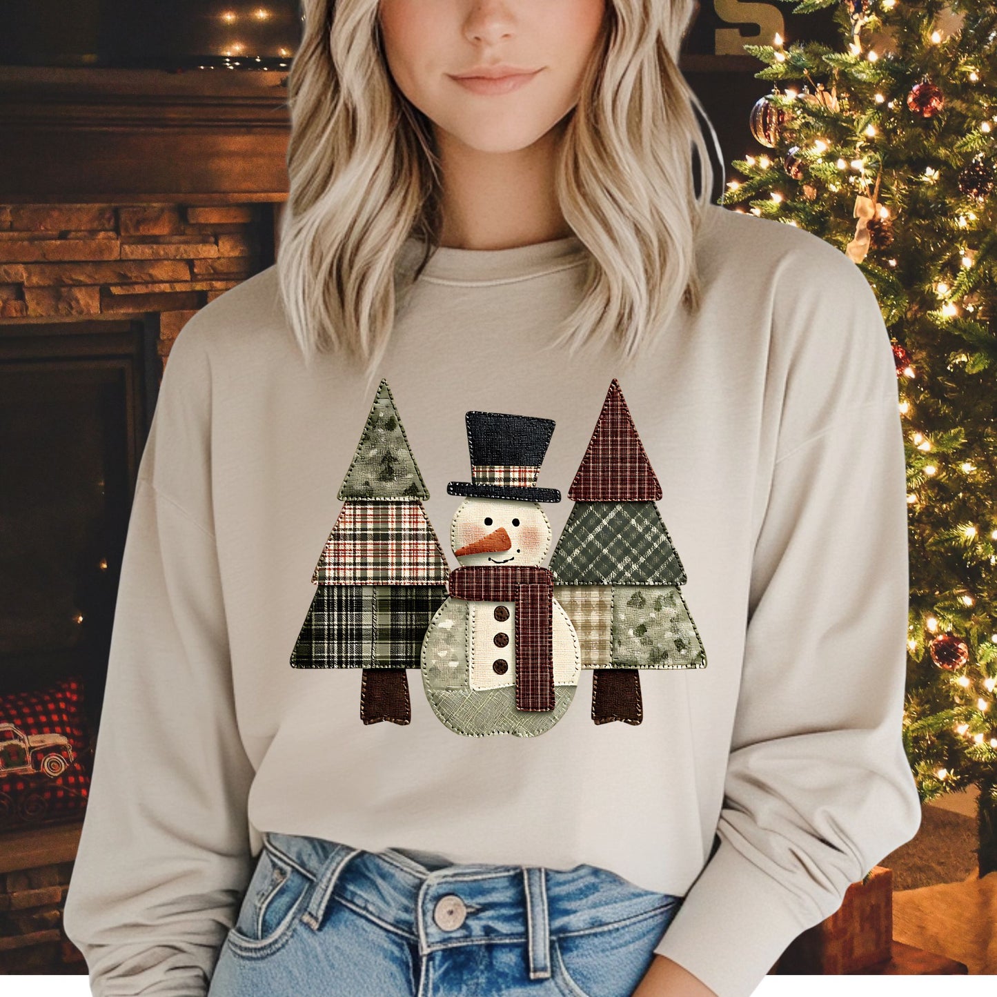 Faux Patchwork Snowman Long Sleeve Tee