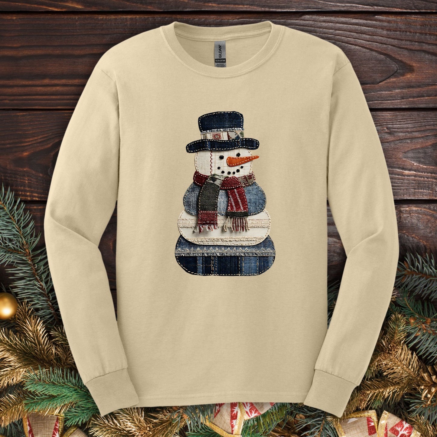 Faux Patchwork Snowman Long Sleeve Tee