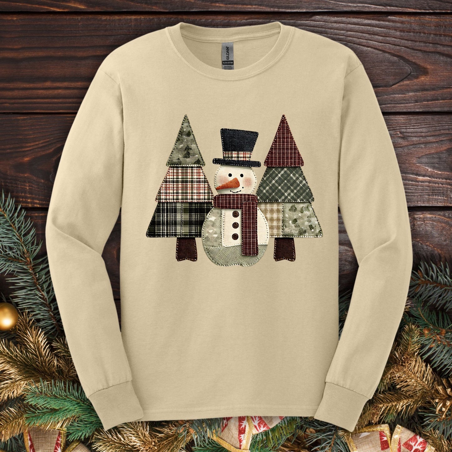 Faux Patchwork Snowman Long Sleeve Tee