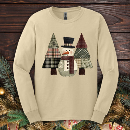 Faux Patchwork Snowman Long Sleeve Tee