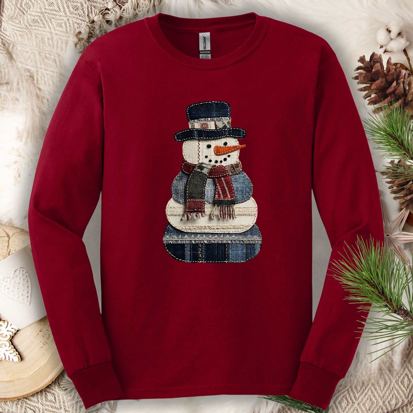Faux Patchwork Snowman Long Sleeve Tee