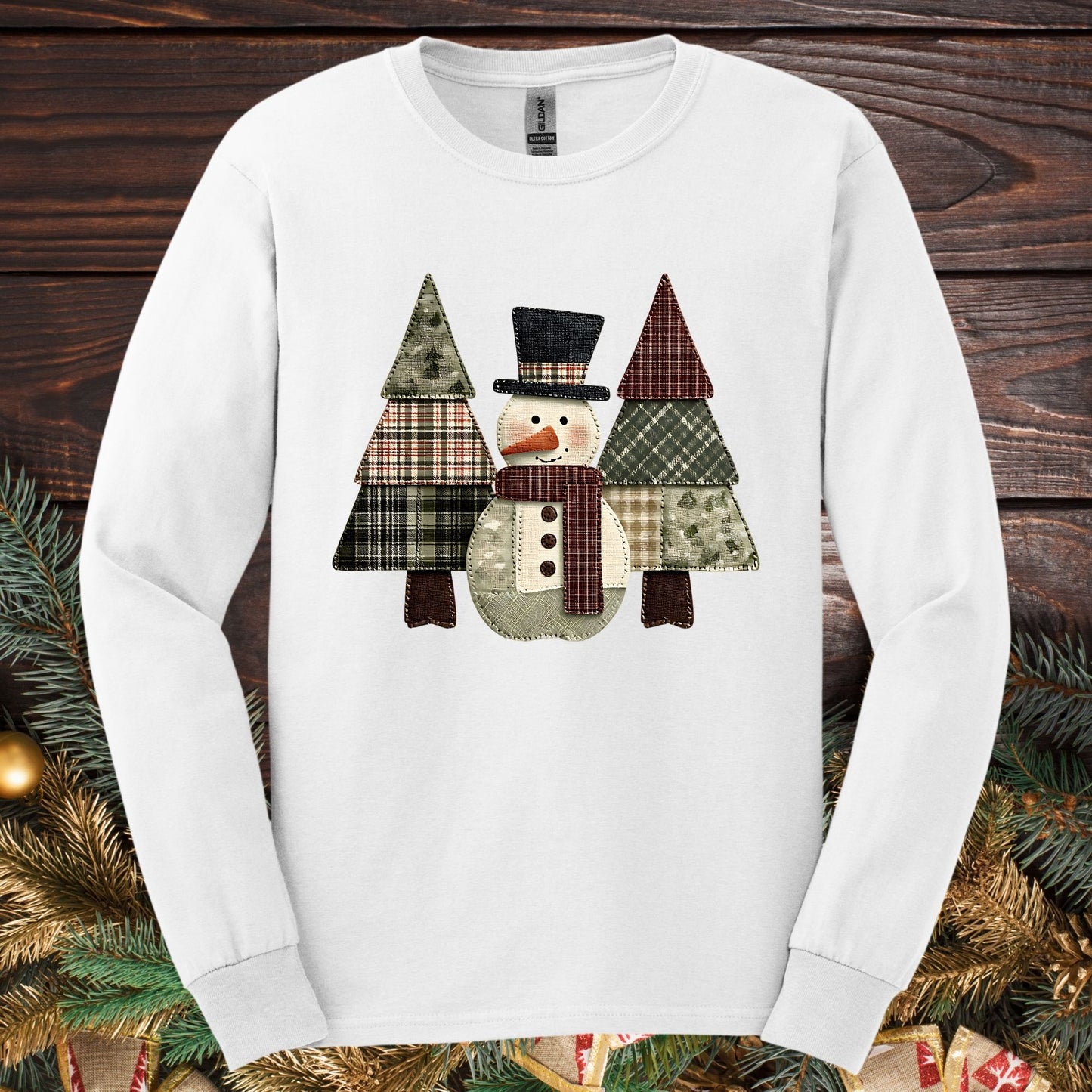 Faux Patchwork Snowman Long Sleeve Tee