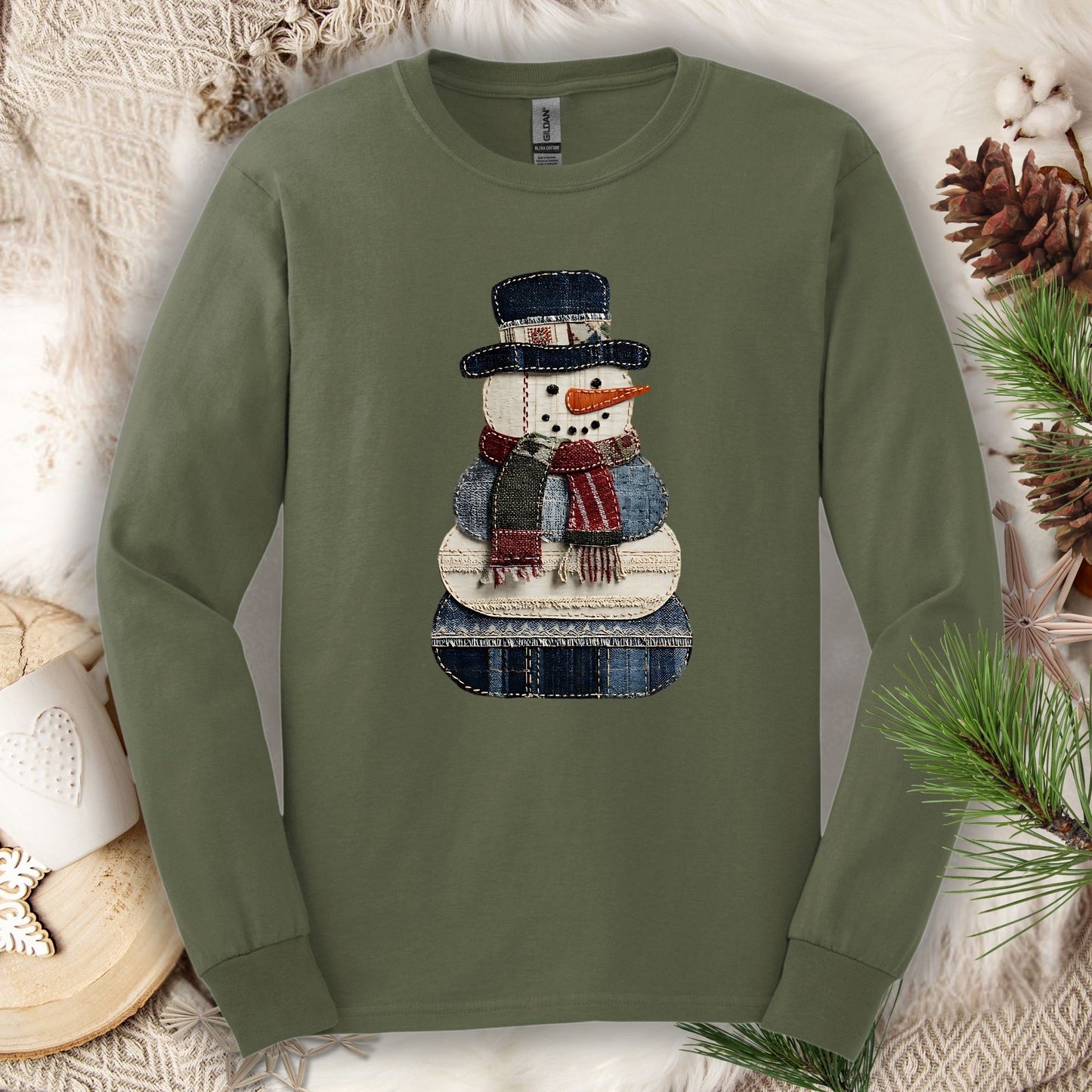 Faux Patchwork Snowman Long Sleeve Tee