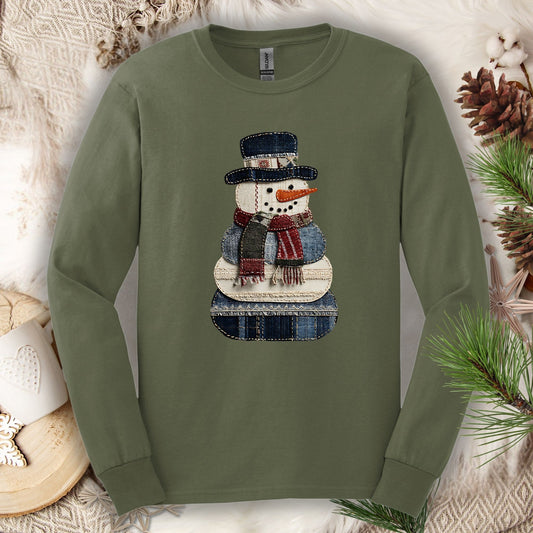 Faux Patchwork Snowman Long Sleeve Tee