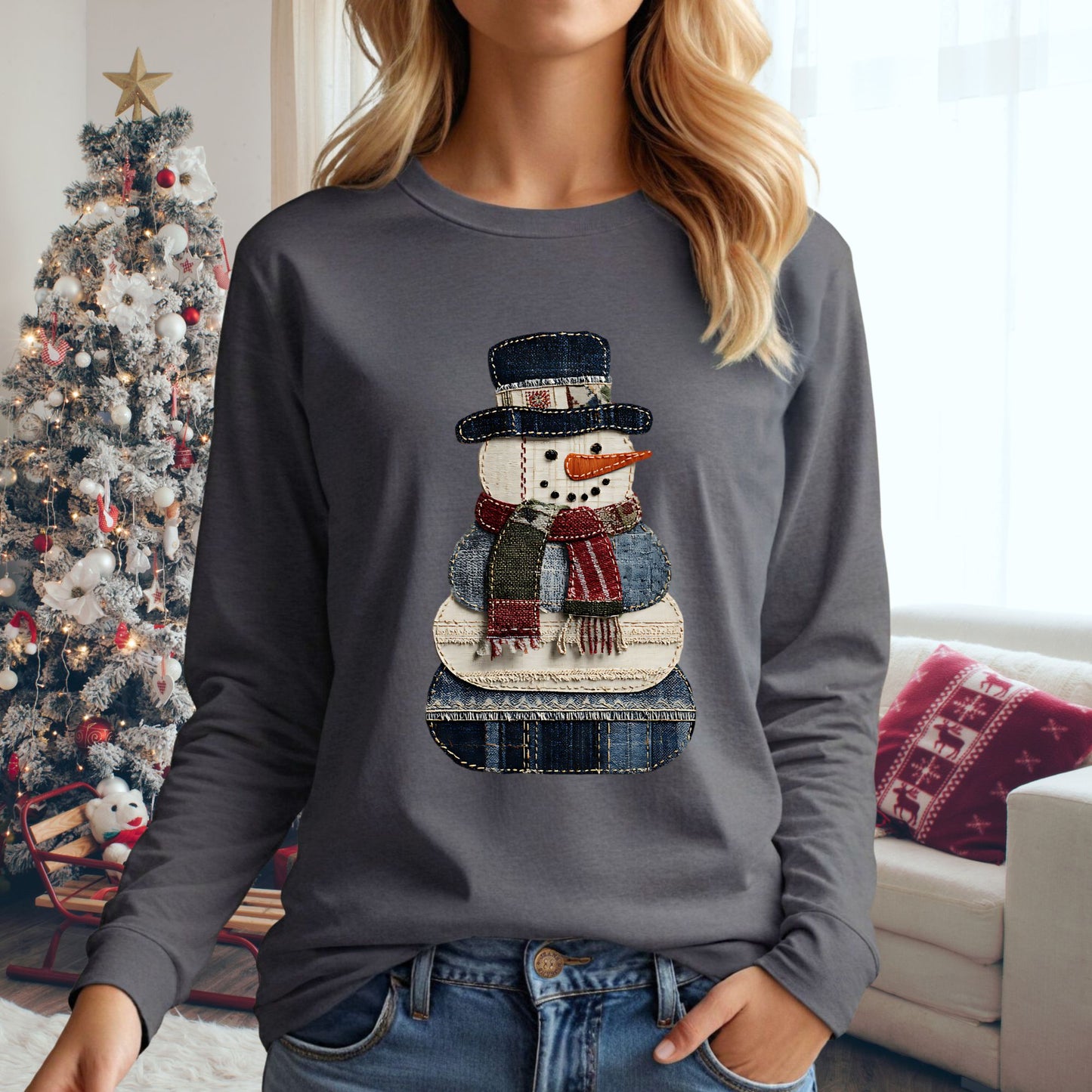 Faux Patchwork Snowman Long Sleeve Tee