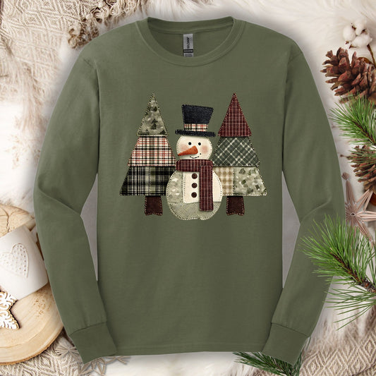 Faux Patchwork Snowman Long Sleeve Tee