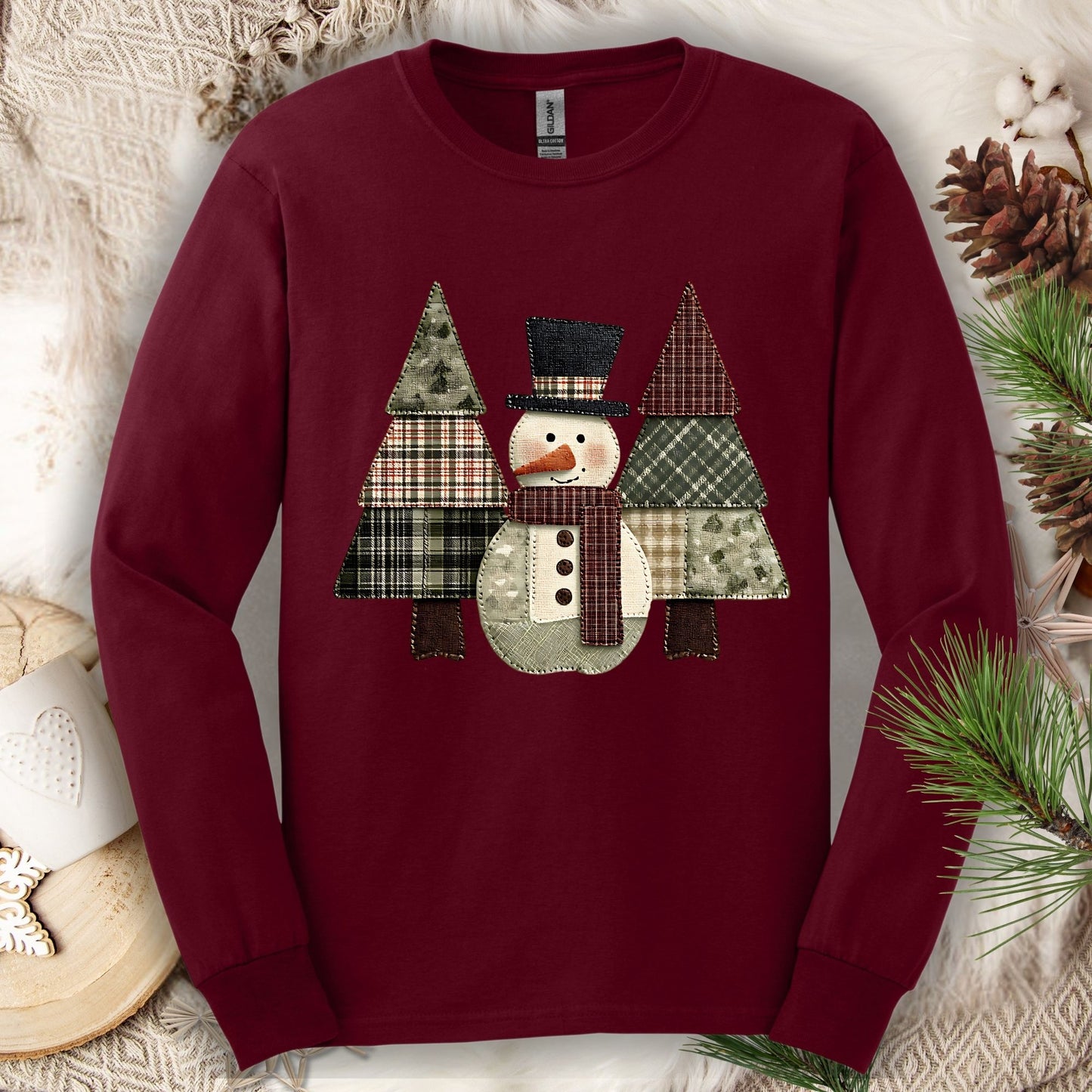 Faux Patchwork Snowman & Trees Long Sleeve Tee