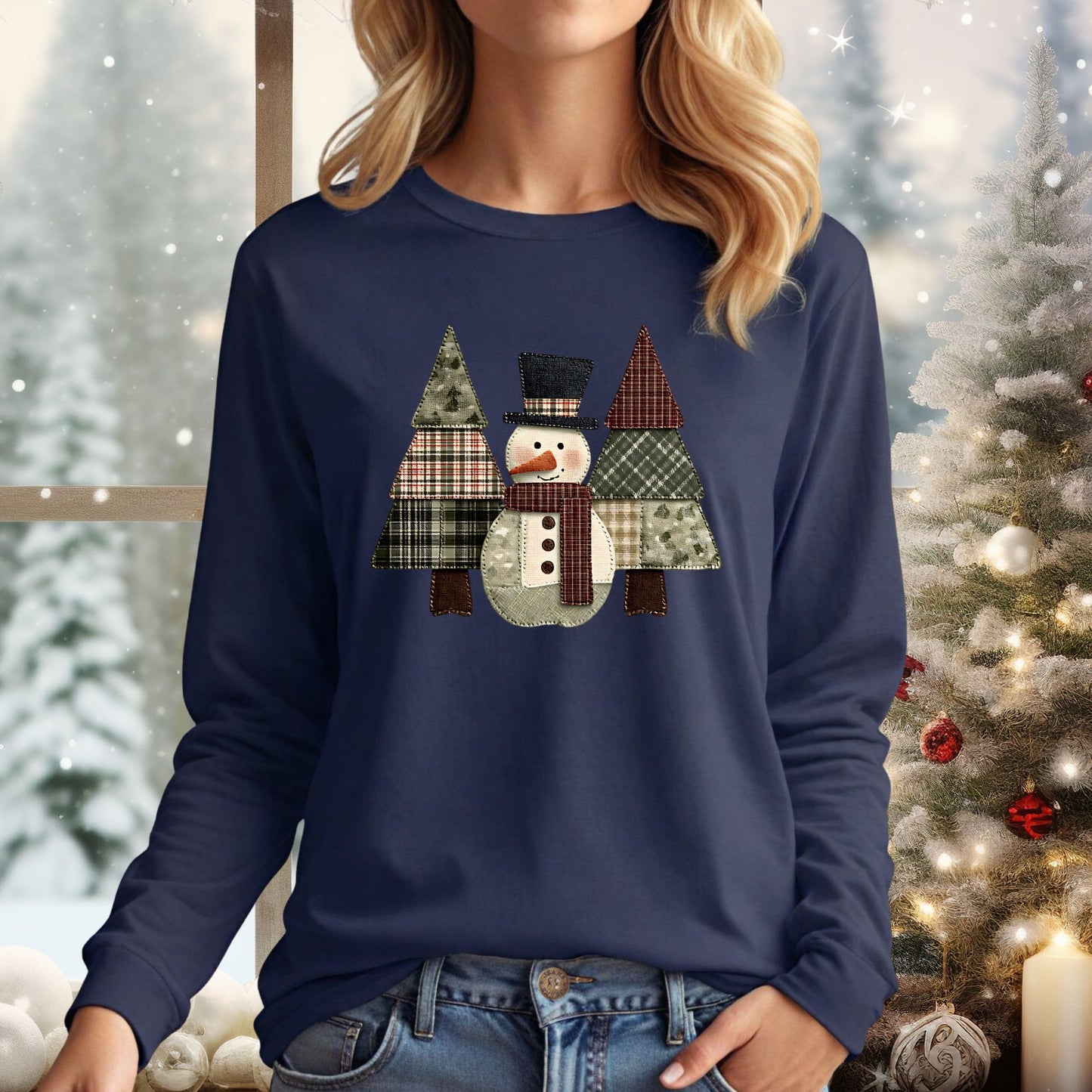 Faux Patchwork Snowman & Trees Long Sleeve Tee